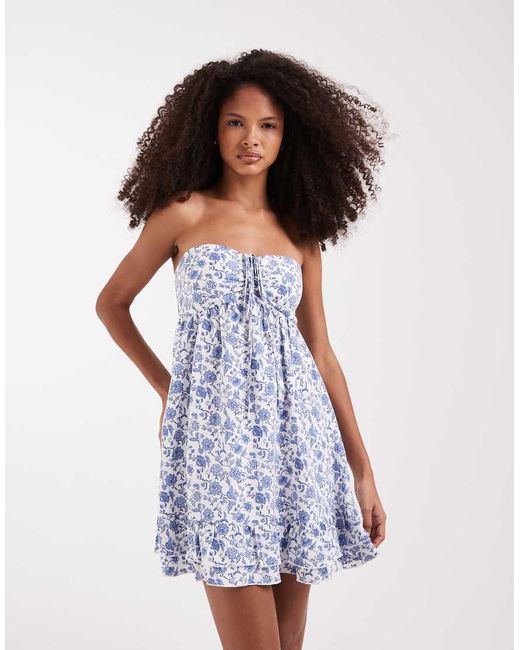 Hollister White Bandeau Tie Up Ruffle Babydoll Mini Dress
