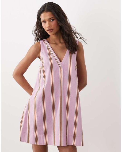 ASOS Pink Cotton Linen V Neck Smock Mini Dress