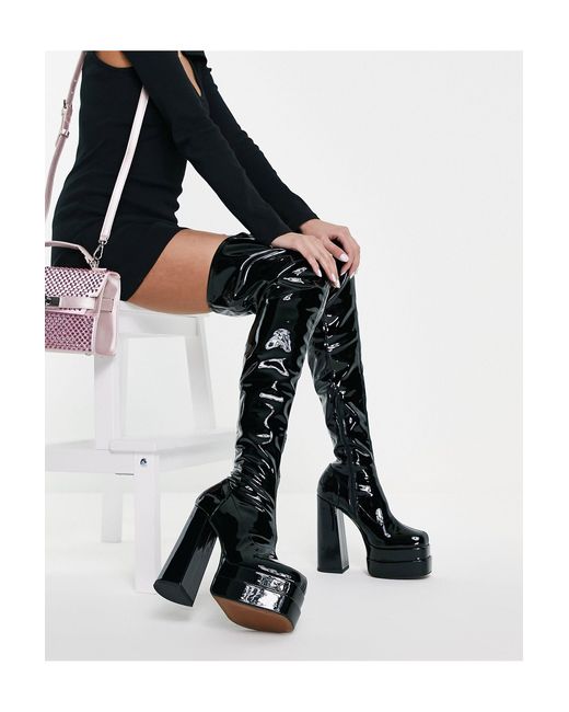 ASOS Black – kathleen – lackierte overknee-stiefel mit plateausohle und hohem absatz