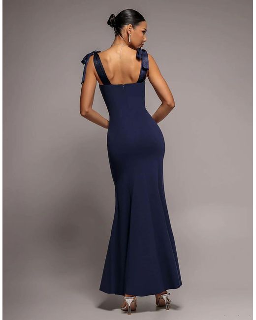 Goddiva Blue Multiway Bow Velvet Satin Sweetheart Maxi Dress