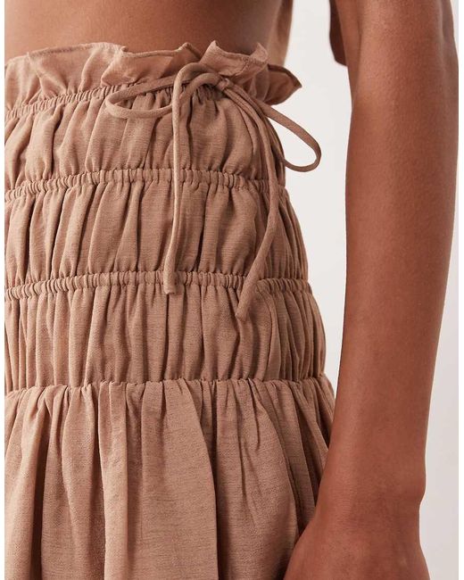 Wanderdoll Brown Soulie Linen Look Shirred Dropped Waist Tie Detail Maxi Skirt