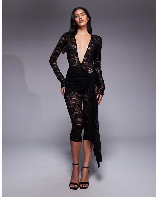 Murci Blue Sheer Lace Plunge Neck Drape Detail Capri Jumpsuit
