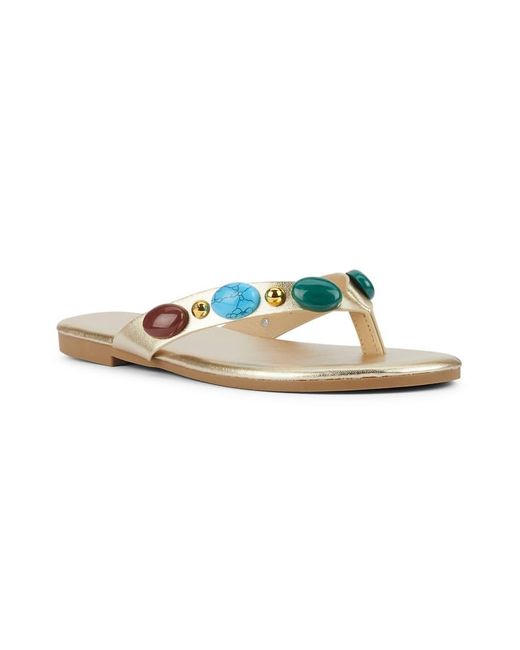 SEQWL Metallic Flat Thong Slide Sandals With Stone Embellishments