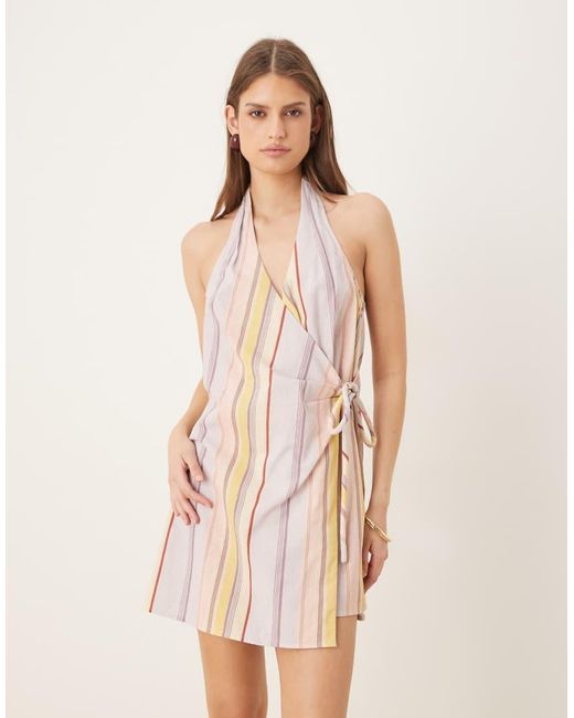 ASOS Natural Cotton Linen Blend Halter Neck Wrap Mini Sundress