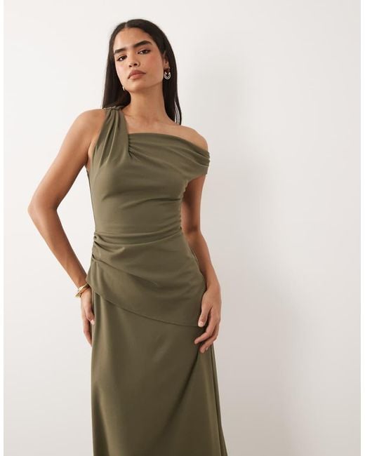 ASOS Natural Crepe Fallen Shoulder Maxi Dress With Ruched Skirt Detail