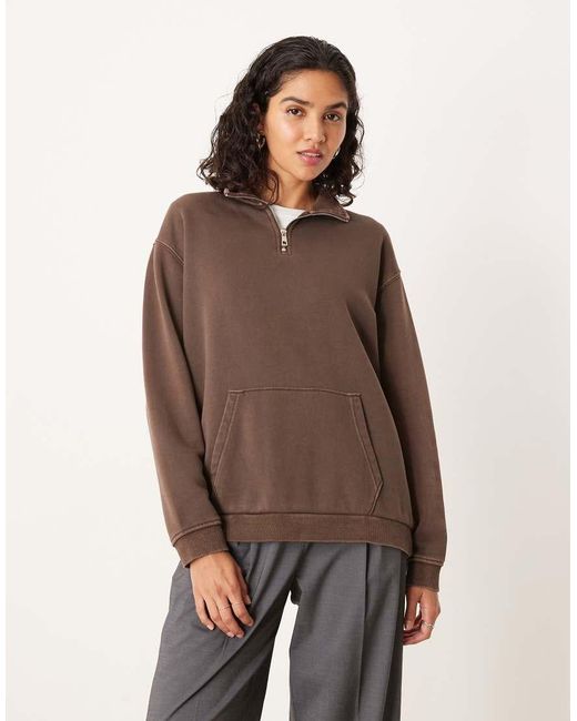 Brave Soul Brown Quarter Zip Funnel Neck Sweatshirt