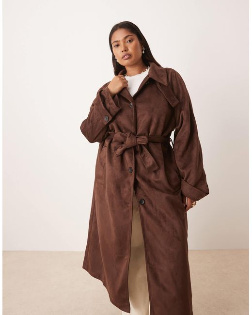 ASOS Brown Asos Design Curve Faux Suede Funnel Neck Trench Coat