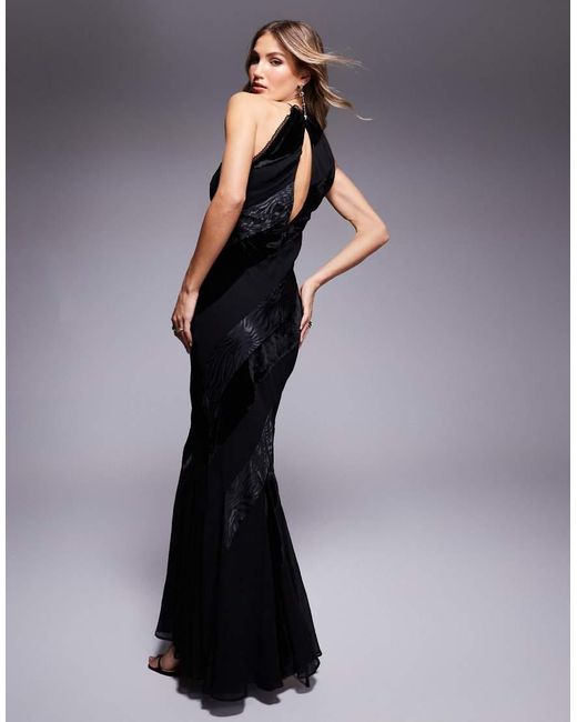 ASOS Blue Racer Neck Velvet Paneled Maxi Dress With Flares
