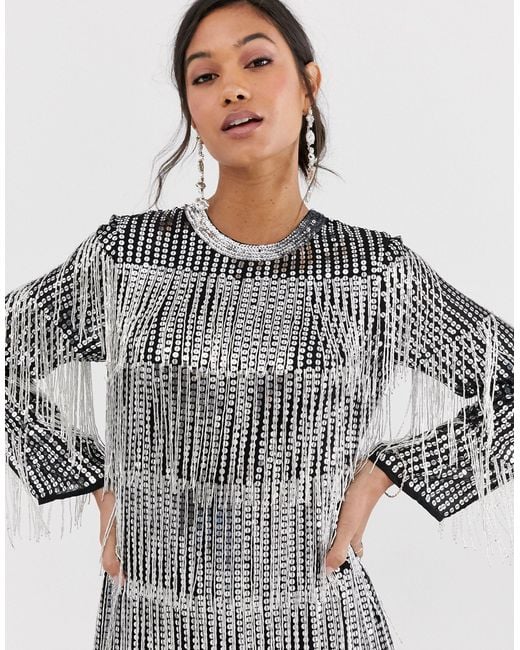 ASOS Sequin & Fringe Midi Tunic Dress-silver in Metallic | Lyst