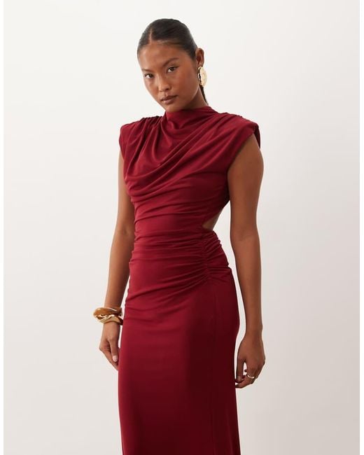 TFNC London Red Slinky Draped High Neck Shoulder Pad Open Back Maxi Dress