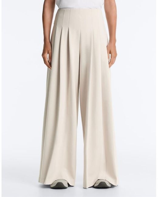 Oysho White Cotton Wide-Leg Pique Pleated Trousers