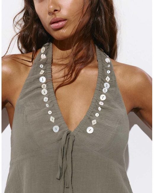 Pull&Bear Green Halter Neck Top With Buttons