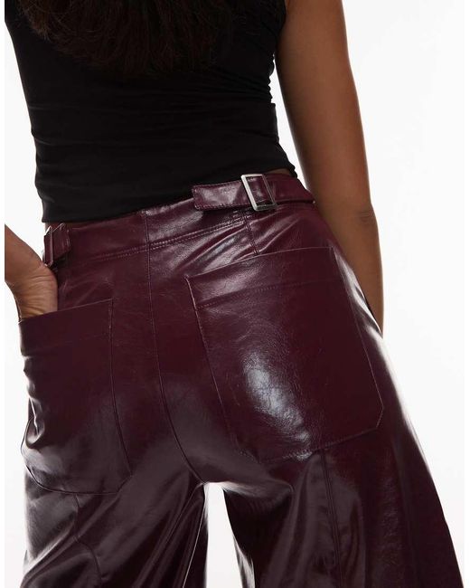 ASOS Red Faux Leather Barrel Leg Trousers With Tab Detail