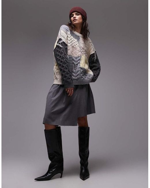 TOPSHOP Gray Knitted Chunky Oversized Patchwork Jumper
