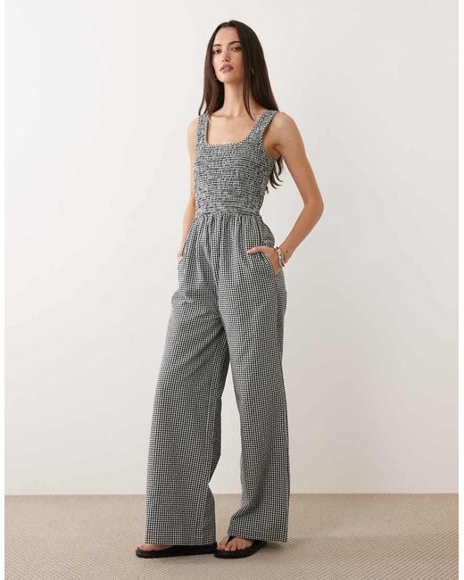 Brave Soul Gray Scoop Neck And Back Gingham Jumpsuit