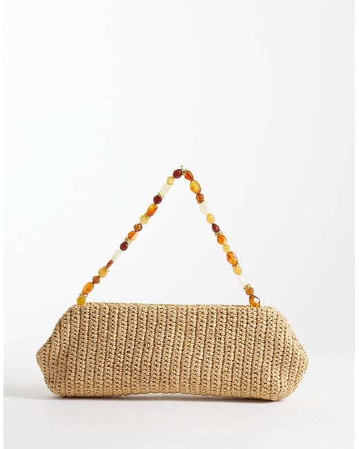 Mango Natural Raffia Shoulder Bag With Beaded Strap