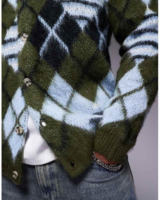 ASOS Blue Fluffy Knitted Cardigan With Argyle Pattern for men