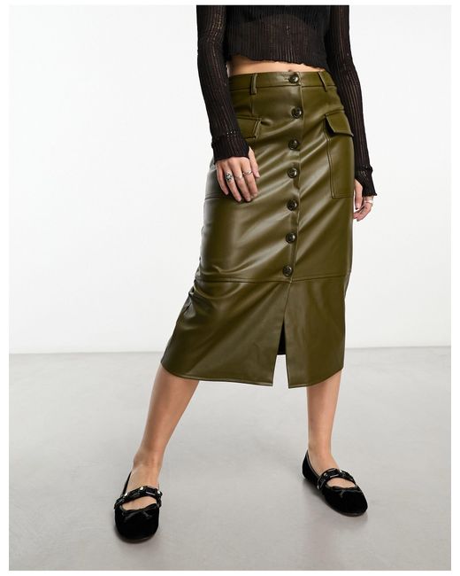 ONLY Faux Leather Button Down Cargo Midi Skirt in Green | Lyst UK