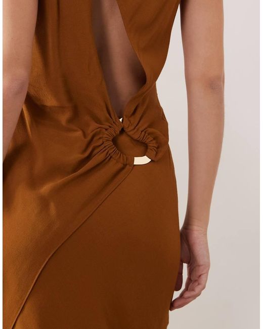 ASOS Natural Draped Open Back Trim Detail Linen Look Maxi Dress