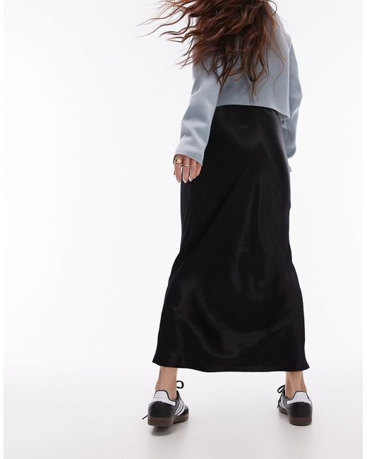 TOPSHOP Black Satin Bias Midi Skirt