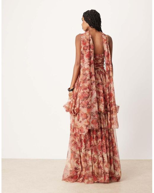 LACE & BEADS Maxi Jurk Van Tule Met Stroken En Sjaal in het Red