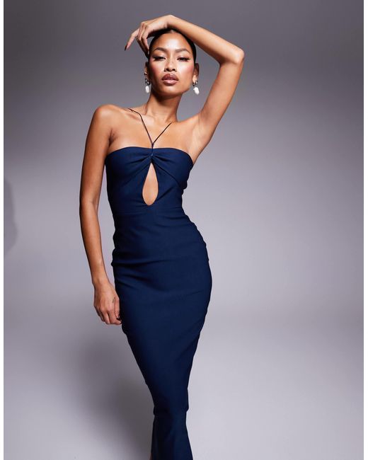 Vesper Blue Bengaline Halterneck Keyhole Detail Midaxi Dress