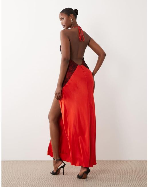 Bardot Red Estrella Exclusive Halter Maxi Dress With Lace Detail