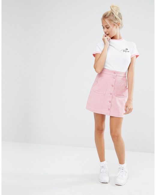 Lazy Oaf Pink Button Front Mini Skirt With Heart Pockets In Cord