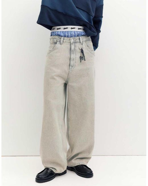 Pull&Bear Blue Embroidered Super Baggy Jeans for men