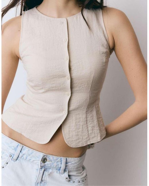 Stradivarius White Sleeveless Buttoned Top