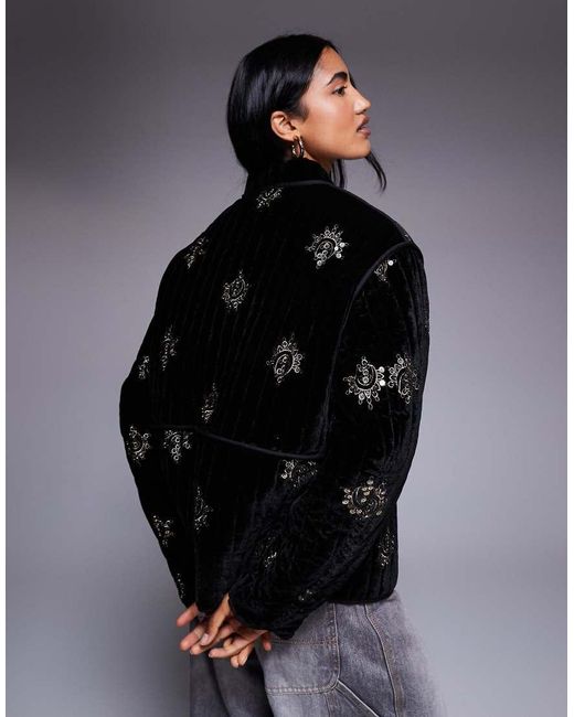 ASOS Black Quilted Embroidered Velvet Jacket