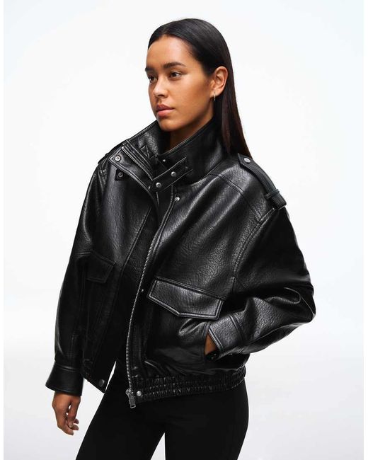 Bershka Black Leather Effect Funnel Neck Jacket