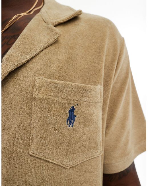 Camicia a maniche corte con tasca con logo e colletto con rever di Polo Ralph Lauren in Natural da Uomo