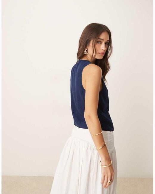 Mango Blue Soft Denim Waistcoat With Front Pockets