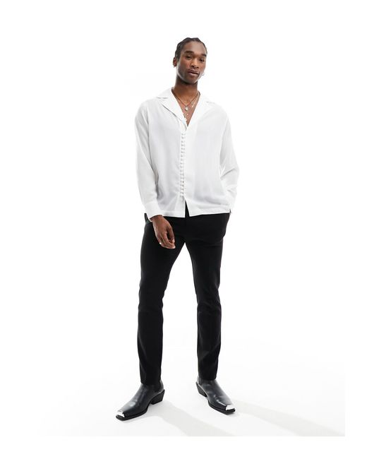 ASOS White Relaxed Deep Wide Revere Shirt With Loop Button Detail for men