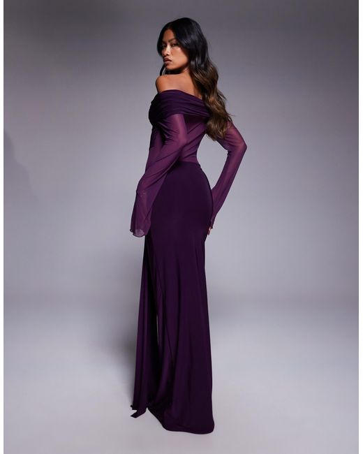Kaiia Purple Exclusive Double Layered Slinky Foldover Off The Shoulder Sheer Panel Ruched Skirt Maxi Dress