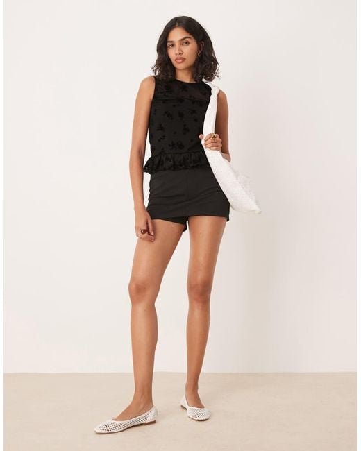 ASOS Black Flocked Mesh Ruched Top With Peplum Hem