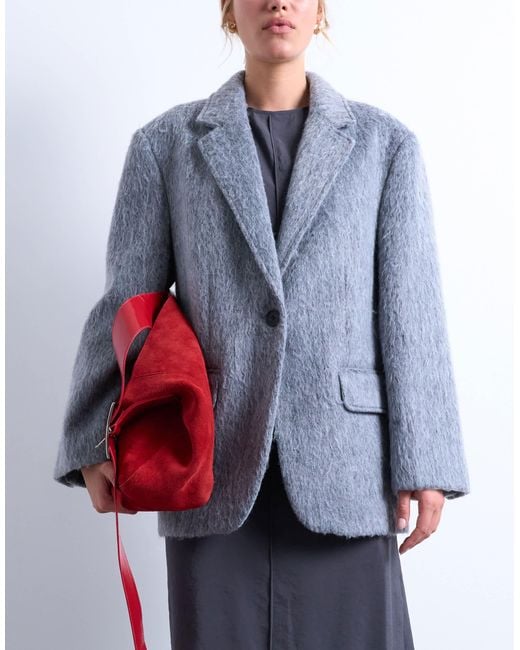 TOPSHOP White Longline Brushed One Button Blazer Coat With Wool