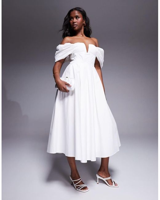 Lulus Gray Bardot Cotton Poplin Midi Dress