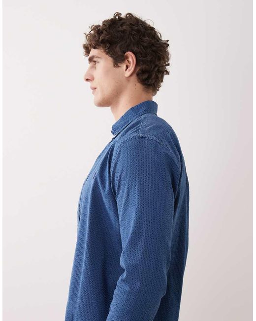 Polo Ralph Lauren Blue Icon Logo Long Sleeve Cotton Seersucker Shirt for men