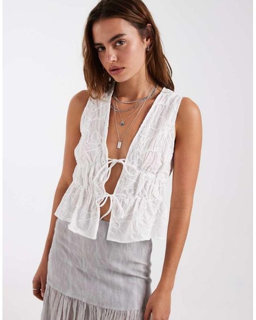 Vero Moda White Floral Embroidered Tie Front Peplum Hem Blouse