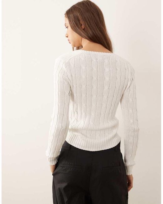 Polo Ralph Lauren White Kimberly Icon Logo Cotton Cable Knit V-neck Jumper