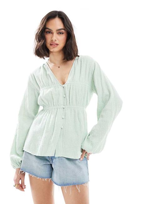 ASOS Green Long Sleeve Smock Top With Button Front