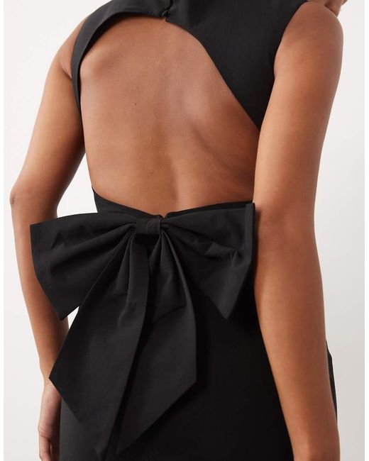 TFNC London Black Bengaline Slash Neck Open Back Bow Detail Maxi Dress