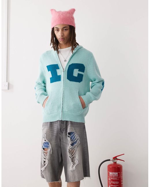 ICECREAM Blue Running Dog Back Print Knitted Zip Through Hoodie for men