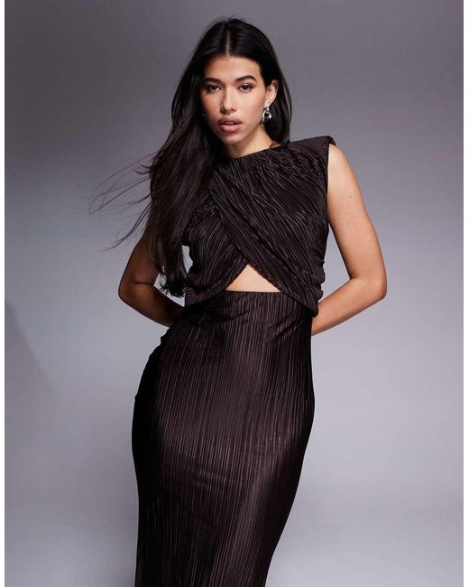ASOS Plissé Gedrapeerde Hoogsluitende Maxi Jurk Met Uitgesneden Taille in het Black
