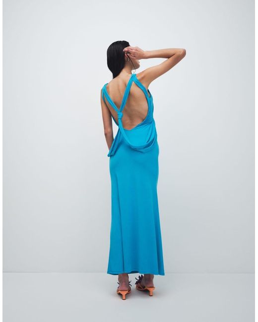 ASOS Blue Slinky Maxi Dress With Drape Knot Back Detail