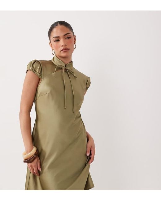 Miss Selfridge Green Satin Tie Neck Mini Dress