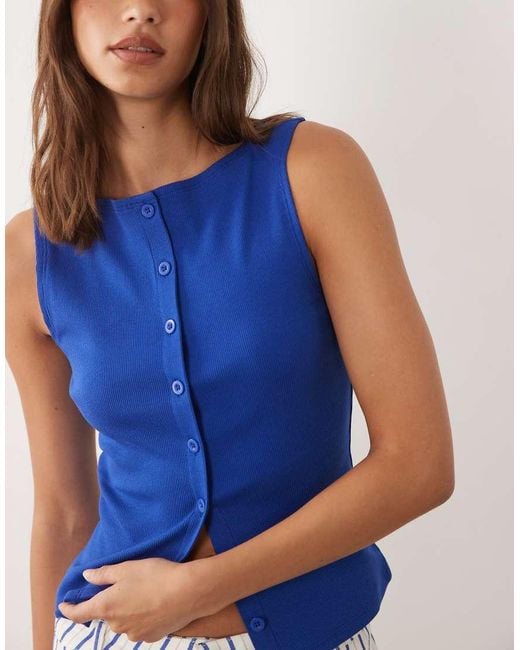 ASOS Blue Boat Neck Tank With Buttons