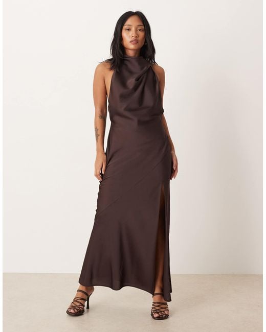 ASOS Brown Asos Design Petite Satin Halterneck Maxi Dress With Cowl Back Detail